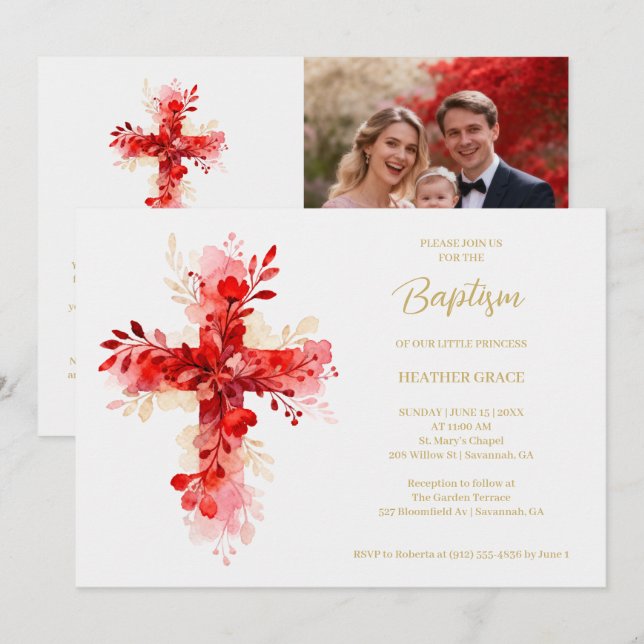 Refined Botanical Cross in Red Tones Photo Baptism Invitation (Front/Back)