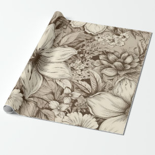 Refined Botanical Motif in Soft Sepia Tones Wrapping Paper