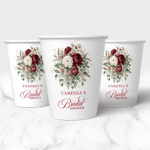 Refined Burgundy Floral Gold Bridal Shower Paper  Cups