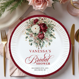 Refined Burgundy Floral Gold Bridal Shower Paper  Plate
