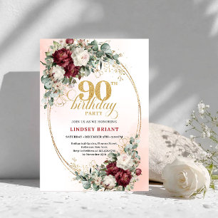 Refined Burgundy Floral Gold Frame 90th Birthday  Invitation
