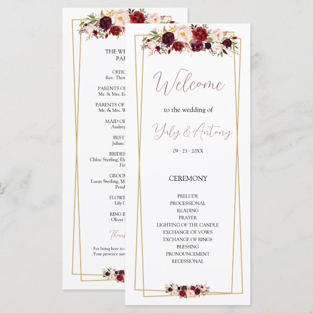 Refined Burgundy Floral Linear Order of Service (Front/Back)