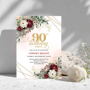 Refined Burgundy Flowers Eucalyptus 90th Birthday Invitation