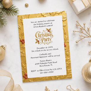 Refined Business Christmas Party Gold Holly Invitation