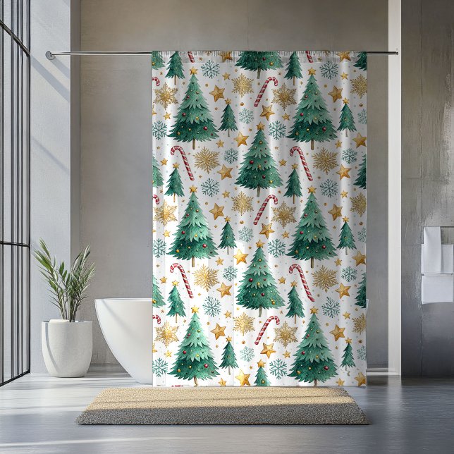 Refined Christmas trees watercolor shower accent Curtain (Refined Christmas trees watercolor shower accent Shower Curtain)