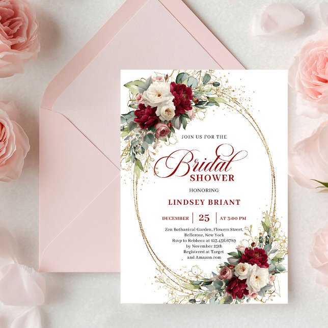 Refined Deep Red Floral Gold Bridal Shower Invite (Refined Deep Red Floral Gold Bridal Shower Invite)