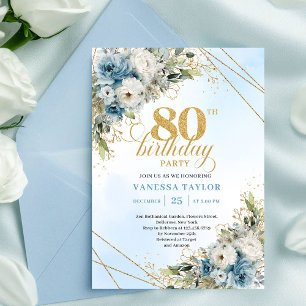 Refined Dusty Blue Floral Gold 80th Birthday Invit Invitation