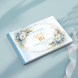 Refined Dusty Blue Floral Gold Sweet 16th Sign In Guest Book