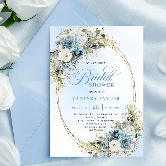 Refined Dusty Blue Gold Frame Bridal Shower Invite (Refined Dusty Blue Gold Frame Bridal Shower Invitation)