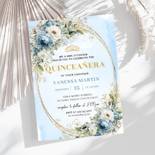 Refined Dusty Blue Gold Greenery Quince 15 Invitation