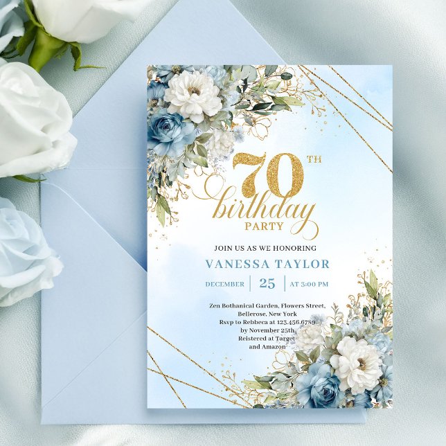 Refined dusty blue watercolor florals 70th birthda invitation (Refined dusty blue watercolor florals 70th birthday

)