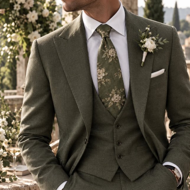 Refined Dusty Olive Heritage Floral Pattern Tie (Creator Uploaded)