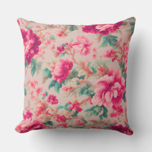 Refined Elegant Bright Pink Flowers, Lush Leaves Cushion