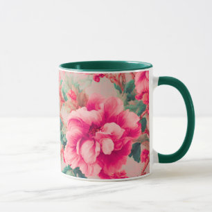 Refined Elegant Bright Pink Flowers, Lush Leaves Mug