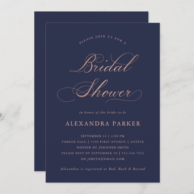 Refined Faux Rose Gold Calligraphy Bridal Shower Invitation (Front/Back)