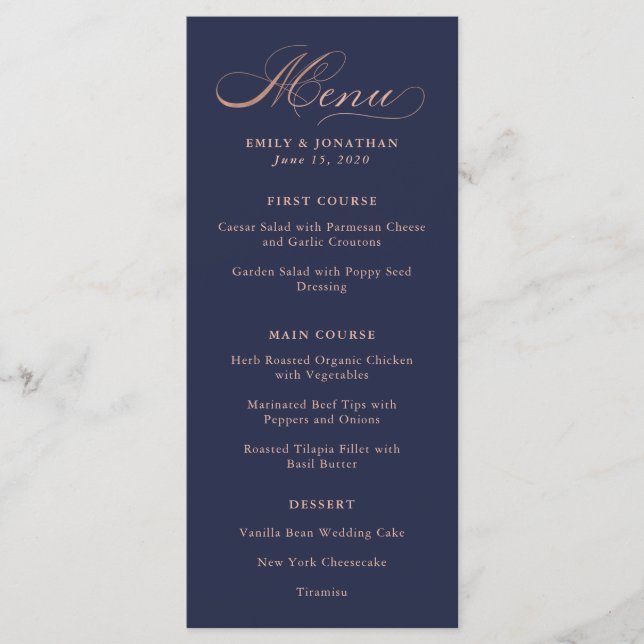 Refined | Faux Rose Gold Calligraphy on Navy Menu (Front)