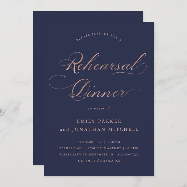 Refined | Faux Rose Gold on Navy Rehearsal Dinner Invitation (Front/Back)