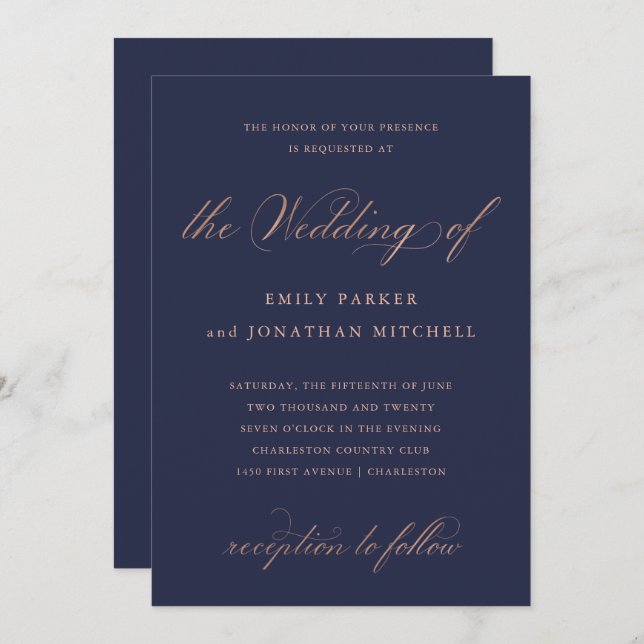 Refined | Faux Rose Gold Wedding Calligraphy Invitation (Front/Back)
