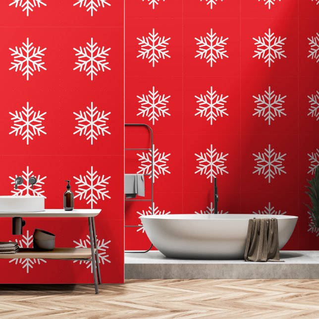 Refined Festive White Snowflake On Bright Red Wallpaper (Bathroom)
