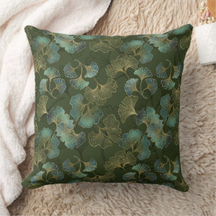 Refined Gold Ginkgo Botanical Emerald Green Art Cushion
