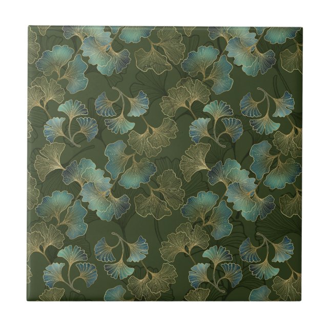 Refined Gold Ginkgo Botanical Emerald Green Art Tile (Front)