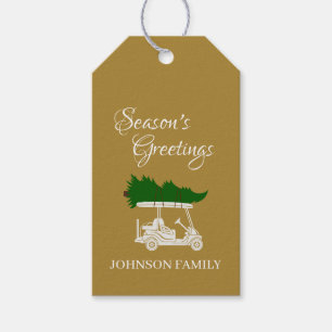 Refined Gold Golf Cart with Christmas Tree Gift Tags