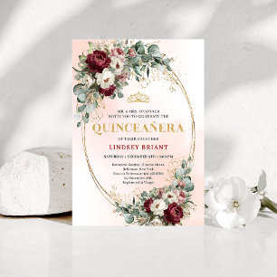 Refined Marsala Floral Gold Quinceañera Invitation