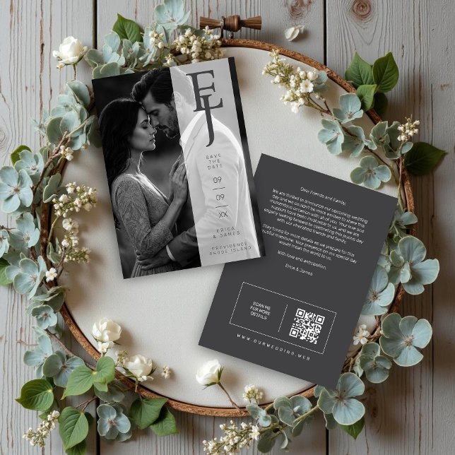 Refined Minimalist Grey Photo Card Wedding Initial (Refined Minimalist Grey Photo Card Wedding Save the Date with Initials and Back QR Code.)