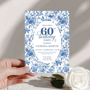 Refined Navy Roses Floral Toile 60th Birthday Invitation