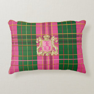 Refined Pink and Green Plaid Monogram Decorative Cushion