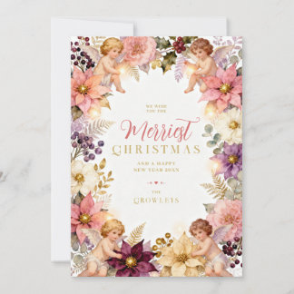 Refined Pink Vintage Floral Angel Christmas TMF26 Holiday Card