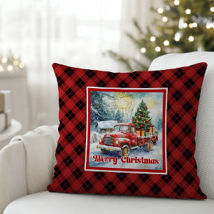 Refined red truck holiday scene rustic red green  cushion