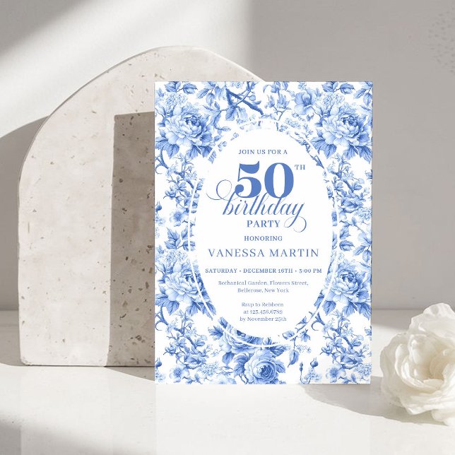 Refined Royal Blue Toile de Jouy Floral 50 Birthd Invitation (Refined Royal Blue Toile de Jouy Floral 50th Birthday)
