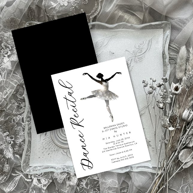Refined Silver Sparkle Ballet Recital TMF26 Invitation (Sophisticated Black and White Ballerina Dance Recital Invitation with Faux Silver Glitter Tutu.)