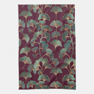 Refined Teal Ginkgo with Gold Accents Tea Towel