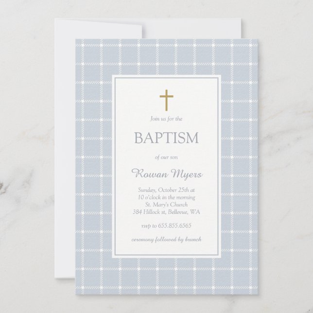 Refined textured plaid pattern boy baptism invitation (Front)