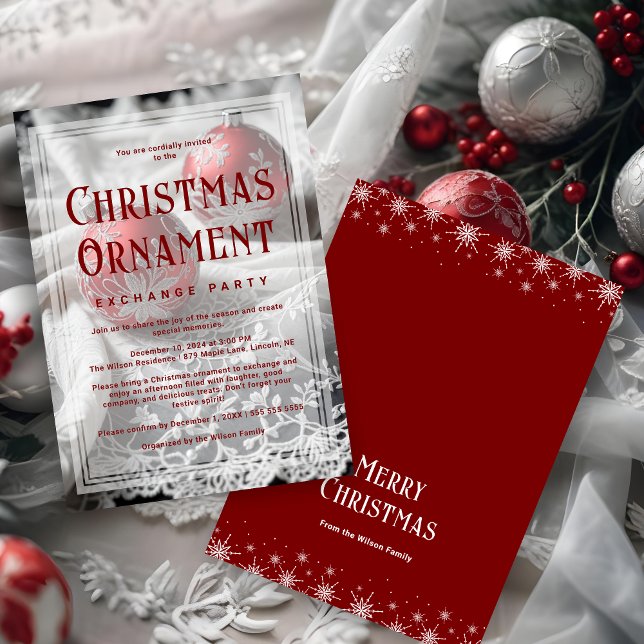 Refined Vellum Grey Shades Red Christmas Ornament Invitation (Refined Vellum Grey Shades & Red Christmas Ornament Exchange Party Invitations Cards.)