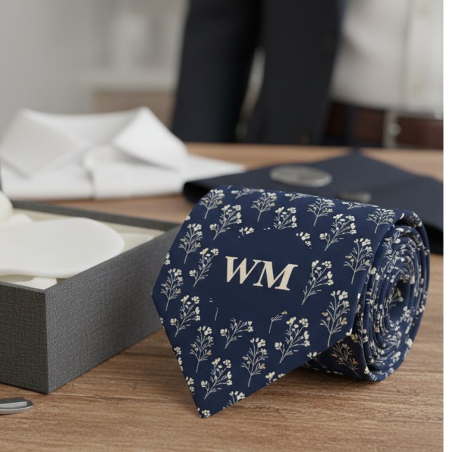 Refined Wildflower Monogram – Men’s Wedding Tie (Monogram floral necktie)