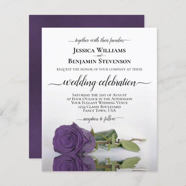 Reflecting Amethyst Rose BUDGET Wedding Invite (Front/Back)