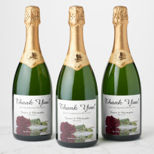 Reflecting Burgundy Rose Wedding Thank You Sparkling Wine Label