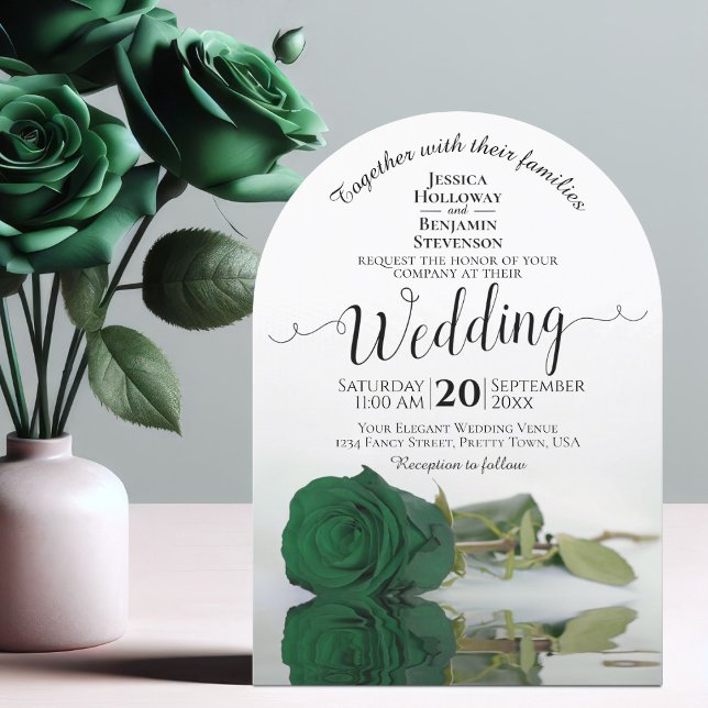 Reflecting Emerald Green Rose Elegant Arch Wedding Invitation (With Arch Cut)