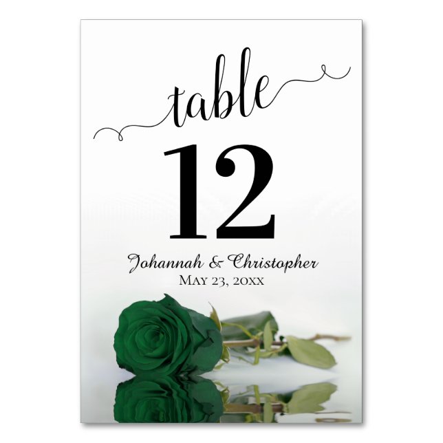 Reflecting Emerald Green Rose Elegant Wedding Table Number (Front)