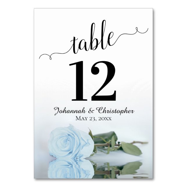 Reflecting Light Dusty Blue Rose Elegant Wedding Table Number (Front)