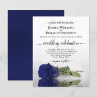 Reflecting Navy Blue Rose BUDGET Wedding Invite