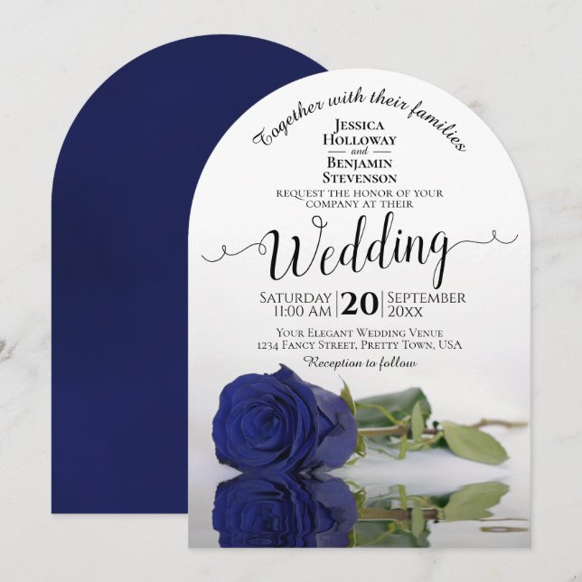 Reflecting Navy Blue Rose Elegant Romantic Wedding Invitation (Front/Back)