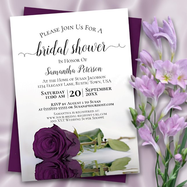 Reflecting Plum Purple Rose Elegant Bridal Shower Invitation (Creator Uploaded)
