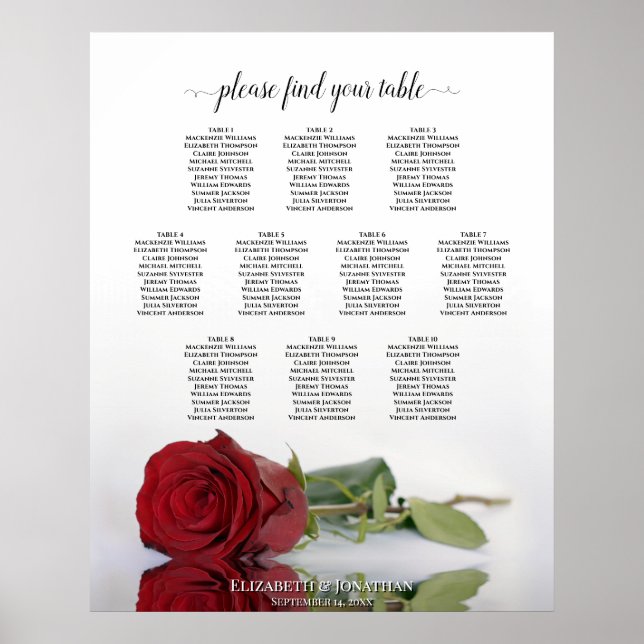 Reflecting Red Rose 10 Table Wedding Seating Chart (Front)