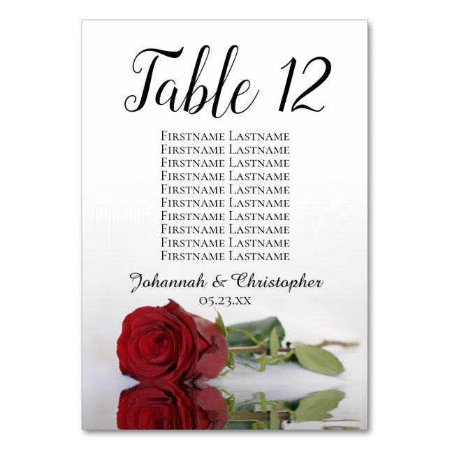 Reflecting Red Rose Seating Chart Wedding Table Number (Back)