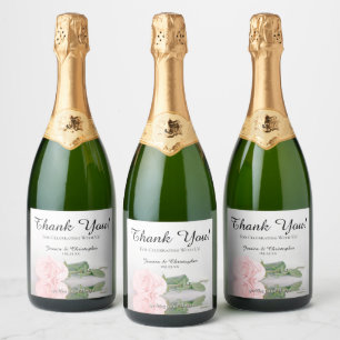 Reflecting Single Pink Rose Wedding Thank You Sparkling Wine Label