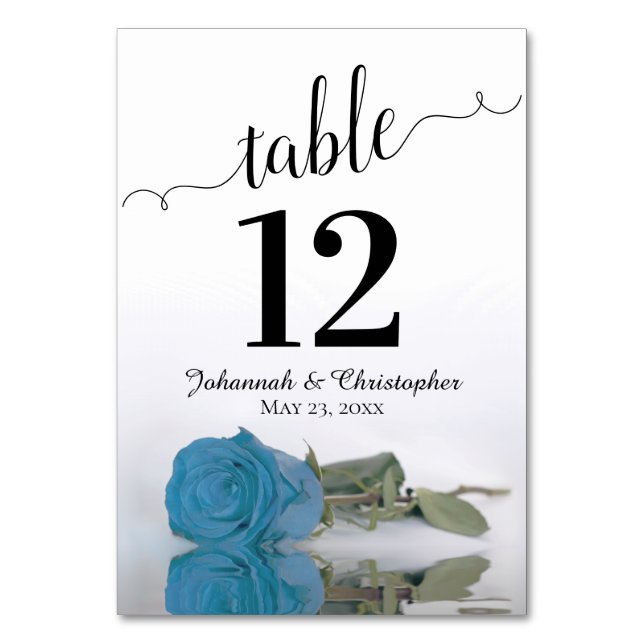 Reflecting Sky Blue Turquoise Rose Elegant Wedding Table Number (Front)